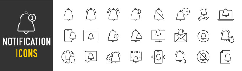 Poster - notification web icons in line style. message, sound, bell, online, devices, chat, social, notificat