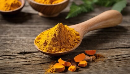 Poster - A wooden spoon is filled with yellow spices