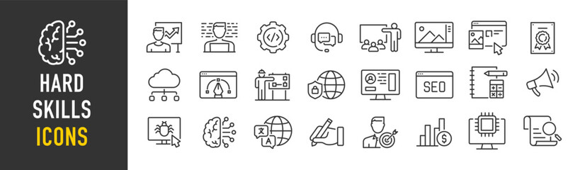 Poster - Hard skills web icons in line style. Accounting, coaching, data mining, cloud computing, copywriting, career progress, software, cyber security, artificial intelligence. Vector illustration.