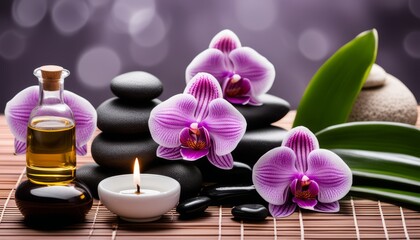 Canvas Print - A wooden table with a candle, rocks, and flowers