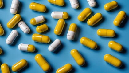 Sticker - A bunch of yellow pills on a blue background