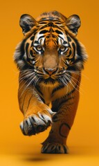 Wall Mural - Tiger is running and jumping in solid yellow background