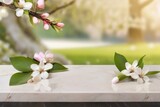 Fototapeta Kwiaty - Beauty Display Background Pink Blossoms on white gold marble Table empty natural stone with stems leave for showing packaging and product on blurred background, copy space Spring cherry blossoms style