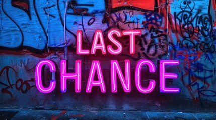 Sticker - A neon sign that says last chance in front of a graffiti wall, AI