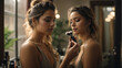 Two beautiful young women are applying makeup. closeup face
