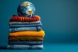 Fototapeta  - Stack of clothes and planet earth sustainable fashion concept, conscious lifestyle