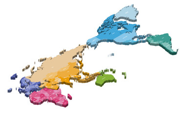 Wall Mural - world map centered on pacific ocean region. isometric 3d vector illustration