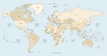 Wall Mural - world map vector high detailed illustration with names of countries, oceans, main seas and lakes. so