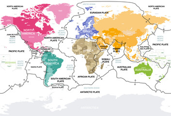 Wall Mural - tectonic plates on earth's surface. world map with names of countries, continents, oceans, main seas