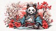 A psychedelic graphic design with samurai panda, full body pose., vector style, for T-shirt printing.