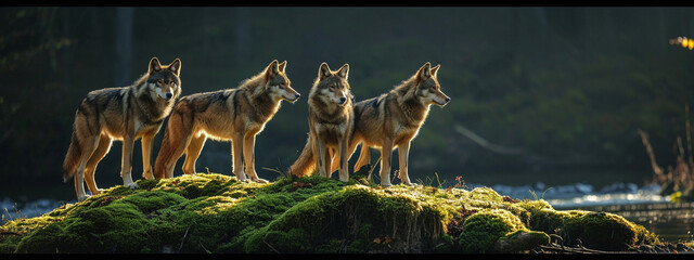 two beautiful wolves on the background of the forest.