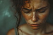 Close-up portrait of a woman The face shows sorrow shock distress sad and suffering emotional. Generated AI