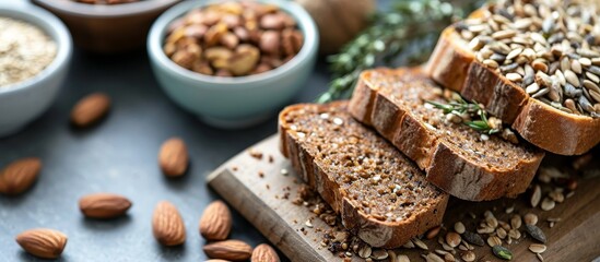 Wall Mural - Deliciously Healthy Nuts, Seeds, and Bread: A Nutritious Trio Packed with Healthy Goodness