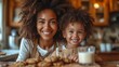 Happy African American family: Mother and little son eat cookies with milk for breakfast at home ,generative ai.