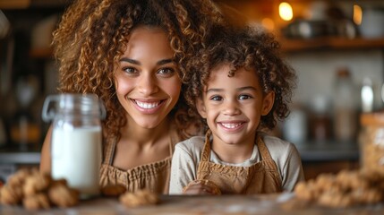 Wall Mural - Happy African American family: Mother and little son eat cookies with milk for breakfast at home ,generative ai.