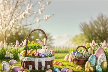 Small ,baby rabbit in easter basket with fluffy fur and easter eggs in the fresh,green spring landscape. Ideal as an easter card or greeting card or wallpaper.