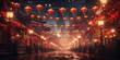 Banner with chinese old street with lanterns and flowers. Chinese Lunar New Year concept. Shallow depth of field.
