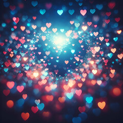 Wall Mural - heart shaped bokeh, blue and pink, confetti, blurry heart background, romantic, valentine's day, depth of field, heart shaped multicolored lights, haze, rainbow, blue blurred background	