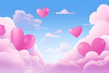 Wall Mural - Pink hearts on cloudy sky. Love, Valentine day, wedding concept. Abstract romantic background for design greeting card, print, poster