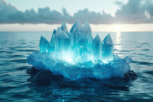 Magic Glowing Blue Ice Crystal Flying Inches Above The Water In The Ocean, Just The Horizon And Water On The Background