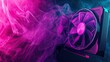 A GPU featuring vibrant, spinning cooling fans enveloped in colorful smoke.