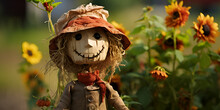 Baby Scarecrow With Round Head And Big Eyes On Sunflower Field