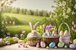 © Beniamin - Small ,baby rabbit in easter basket with fluffy fur and easter eggs in the fresh,green spring landscape. Ideal as an easter card or greeting card or wallpaper.