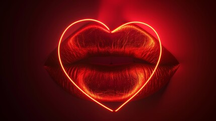 Wall Mural - Red lips with a glowing neon heart in between them.