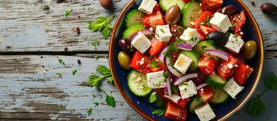 Poster - Greek salad with fresh vegetables, feta cheese, and olives. Top view. Rustic style. Selective focus.