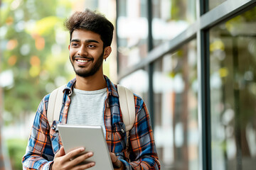 Portrait of a young confident smiling indian man holding a tablet 