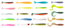 Multicolored Silicone Fishing Baits Isolated On White Background. Spinning Bait. Set Of Bait. Composition Of Silicone Bait For Fishing.