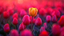 A Bright Yellow Tulip Among Red Tulips On A Tulip Field In Sunset Lighting.