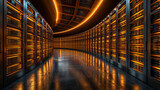 Fototapeta Przestrzenne - modern server room with rows of glowing data racks, representing high-speed data processing