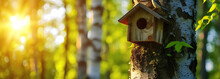 Birdhouse, Nesting Box On The Tree Trunk In The Summer Forest, Sunny Day