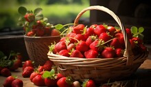 Strawberries In A Basket. Basket Of Strawberries In Nature. Basket Full Of Strawberries. Strawberry Picking Season. Strawberries. Fresh Ripe Red Garden Strawberry. Fragaria Ananassa
