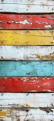 Wall Mural - Wooden Horizontal retro background with wooden planks of different colors, background, Texture of vintage wood boards with cracked paint of white, red, yellow and blue color