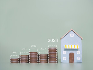 Poster - Miniature house, stack of coins with virtaul increasing graph. The concept of prices for house, Property investment, House mortgage, Real estate in year 2024.