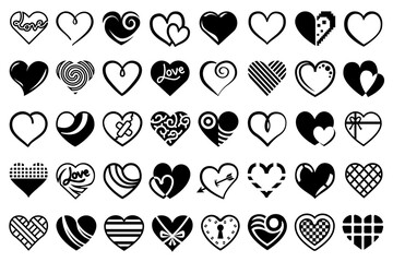 Poster - Heart design elements set. Collection of black flat and line art hearts for your design projects.