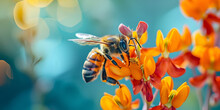 Honey Bee Collecting Pollen On Orange Yellow Flower Shot,  Pollinators For Food Crops , Vibrant Flowery Background 
