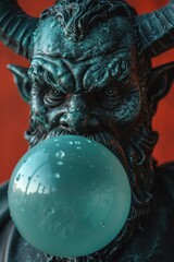 Wall Mural - A statue of a green devil with horns blowing bubble gum, AI