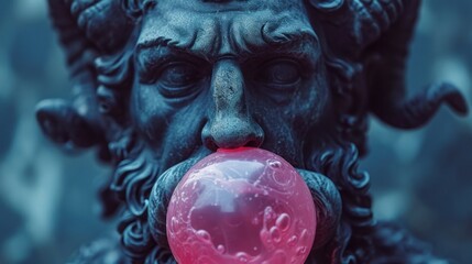 Sticker - A statue of a man with horns blowing bubbles out his mouth, AI