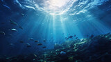 Fototapeta Do akwarium - Underwater view of the coral reef with fishes and rays of light