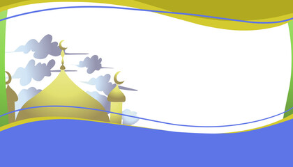 The background theme is Ramadan and Islamic holidays with images of mosques and clouds with gradient yellow and gradient blue colours.