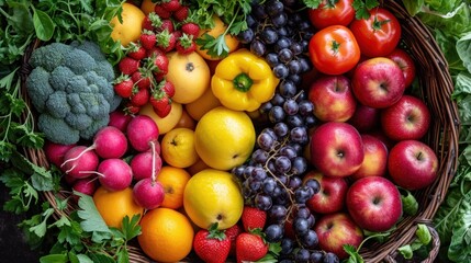 A basket of fruits and vegetables are arranged in a circle, AI