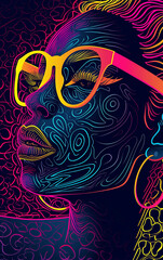 Sticker - 
ilustração de mulher neon, estilo linecut, padrão de chita, vetor, linhas em negrito