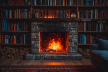 A cozy living room with a crackling fireplace and a book-filled bookshelf. Created with generative AI.