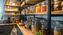 Shelves In Pantry With Different Types Of Food In Jars