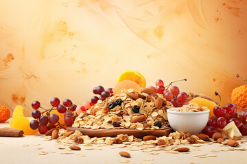 Wall Mural - Healthy food background with nuts, fruits and berries. Top view with copy space