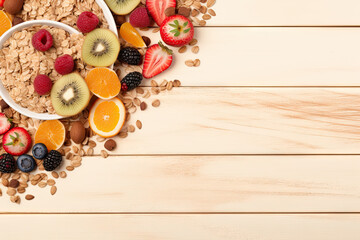 Wall Mural - Healthy food background with nuts, fruits and berries. Top view with copy space