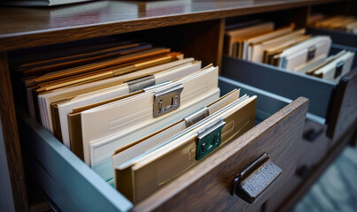 Poster - Close-up View of Open File Cabinet Drawers Filled with Labeled Documents, Depicting Organization, Storage, and Information Management